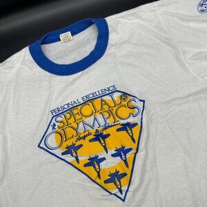 Vintage 1980s Special Olympics T Shirt Large Screen Stars USA Blue Yellow Angels